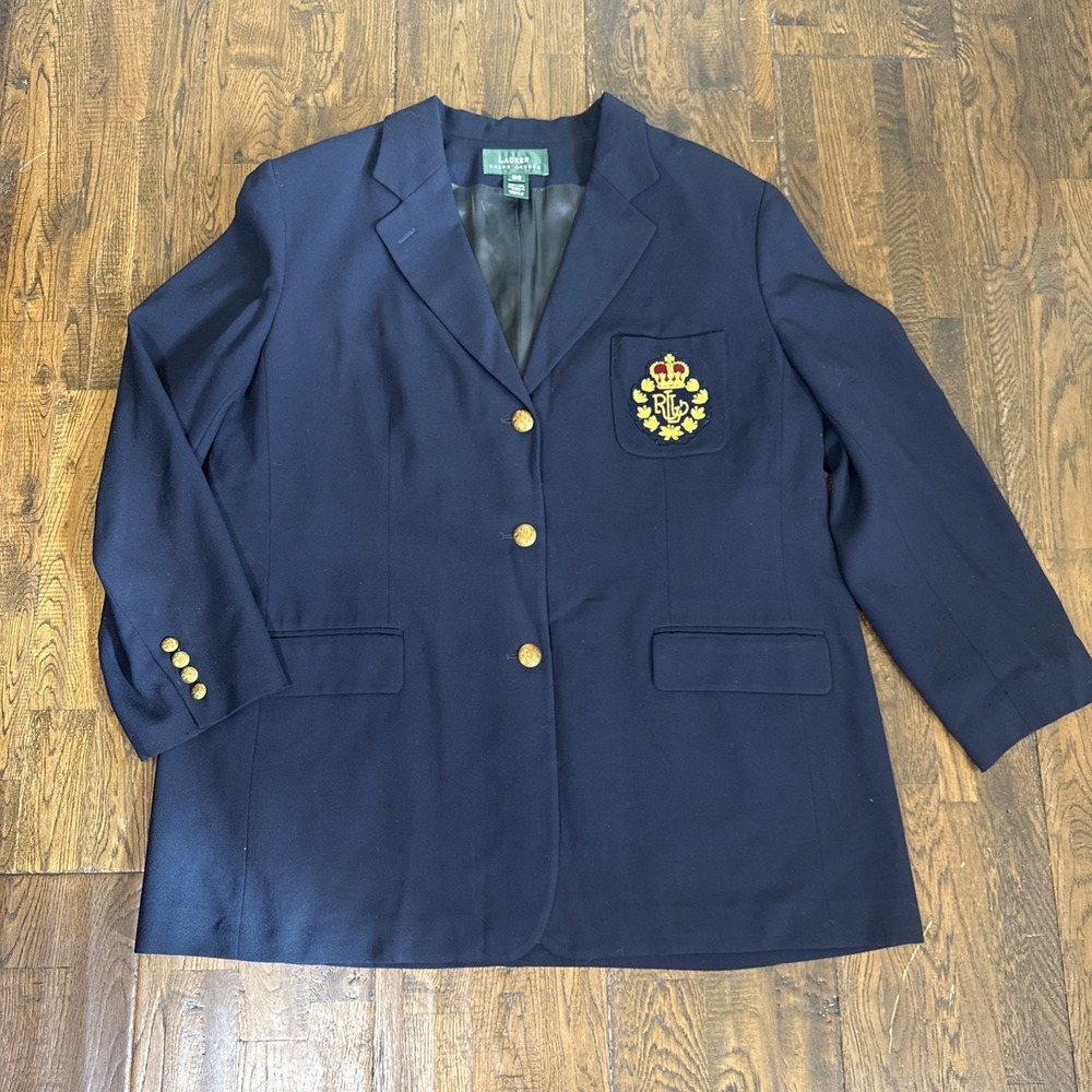 Lauren Ralph Lauren Plus 18W Navy Crest Wool Blazer Gold Buttons EUC